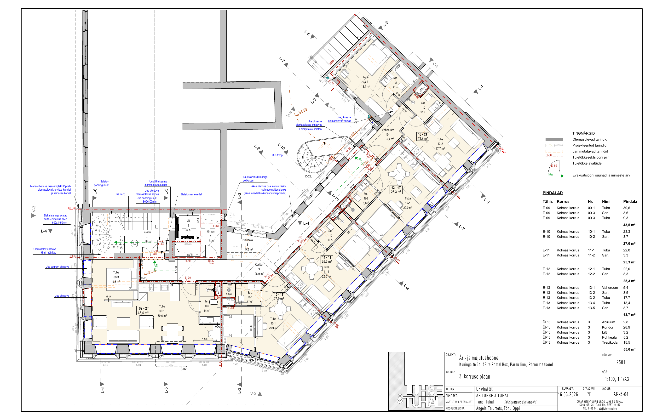 III korruse plaan — korterid E-09 kuni E-13